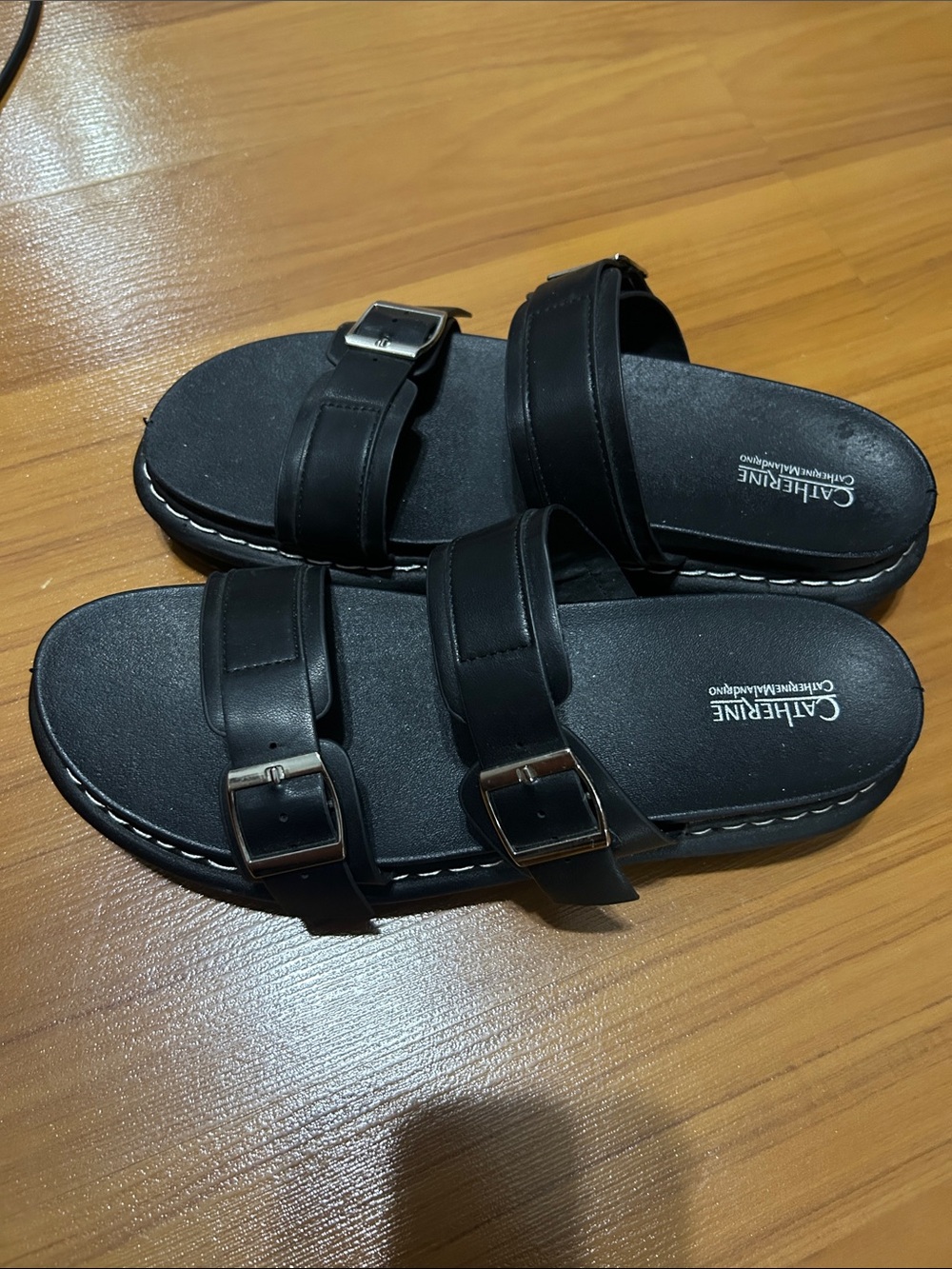 Catherine' Malandrino Black Double-Buckle Slide Sandals
